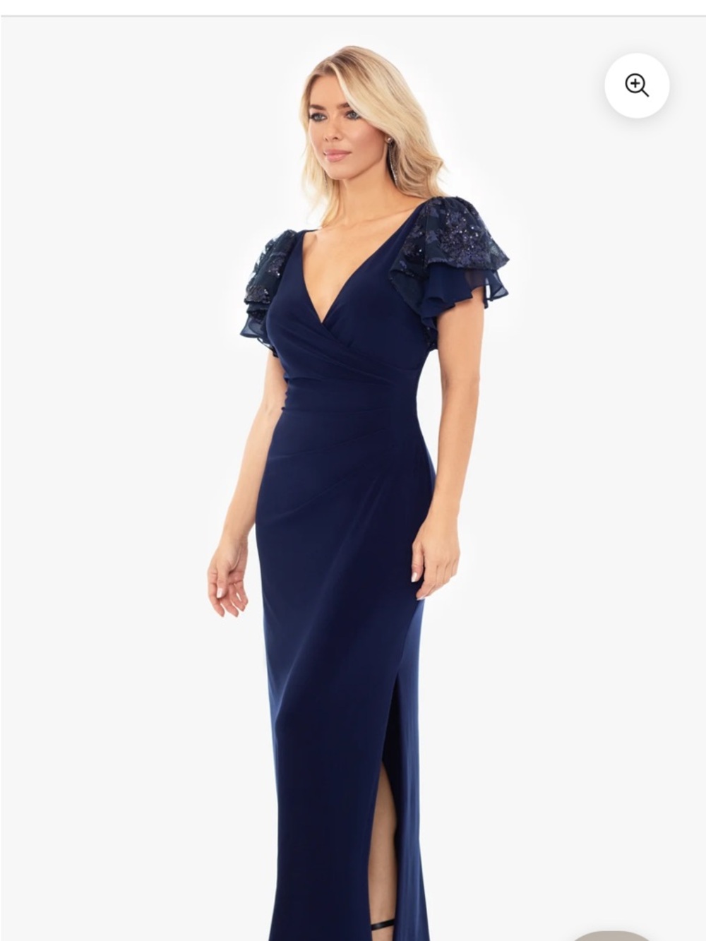 Betsy & Adam Navy V-Neck Maxi Dress with Ruffled Sequin Sleeves size 4